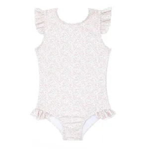 Antique Floral Ruffle Sleeve One Piece Rash Guard