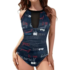 believe in yourself 2 sleeve Women's High Neck Plunge Mesh Ruched Swimsuit (S43)