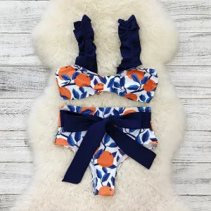 Chic Women's High Waist Bikini Set - Blue Leaf & Orange Print |