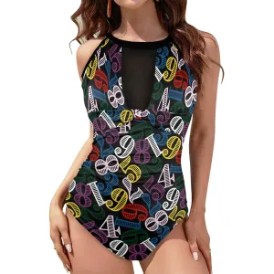 color number 9k Women's High Neck Plunge Mesh Ruched Swimsuit (S43)