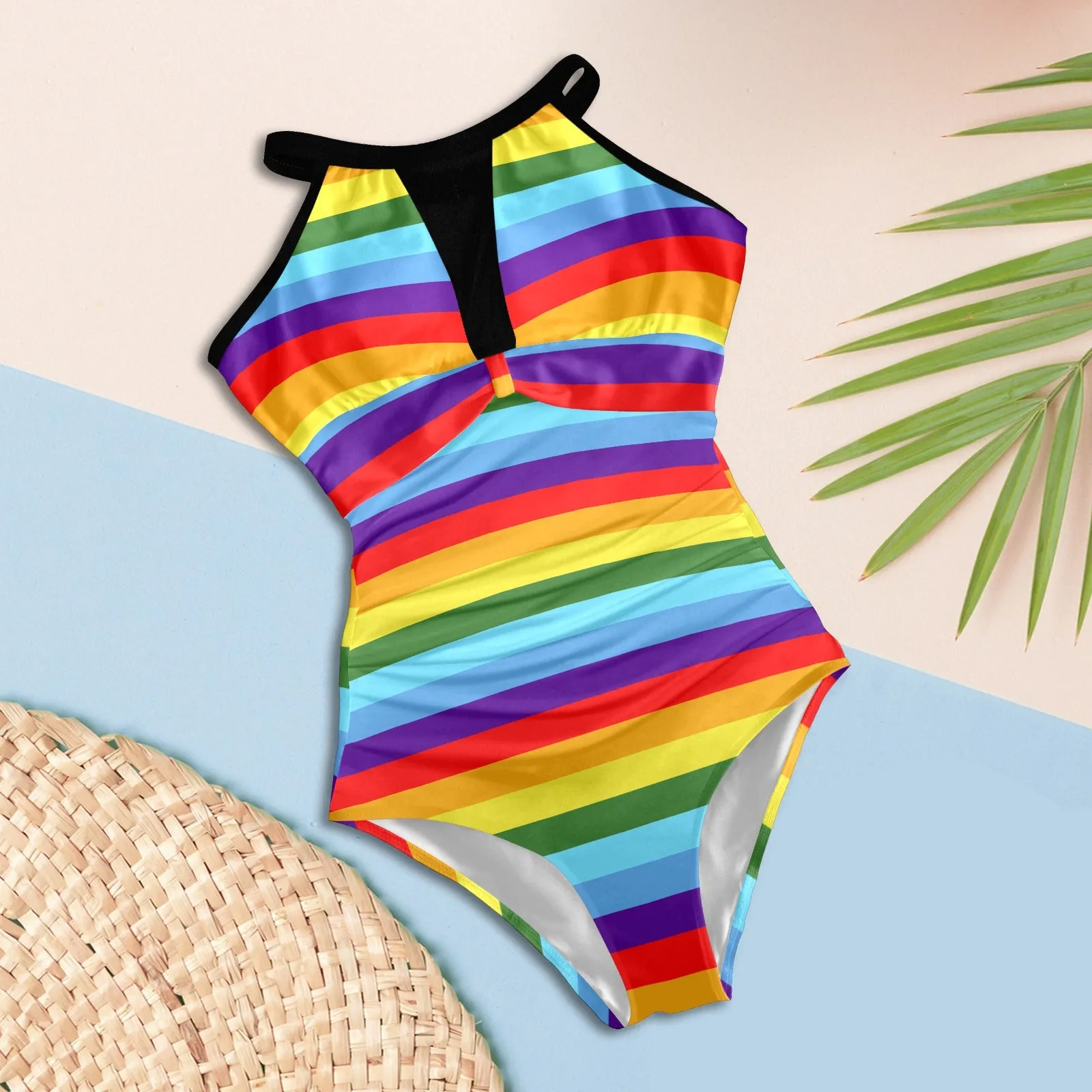 colors H14 BACK-Recovered Women's High Neck Plunge Mesh Ruched Swimsuit (S43)