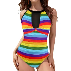 colors H14 BACK-Recovered Women's High Neck Plunge Mesh Ruched Swimsuit (S43)