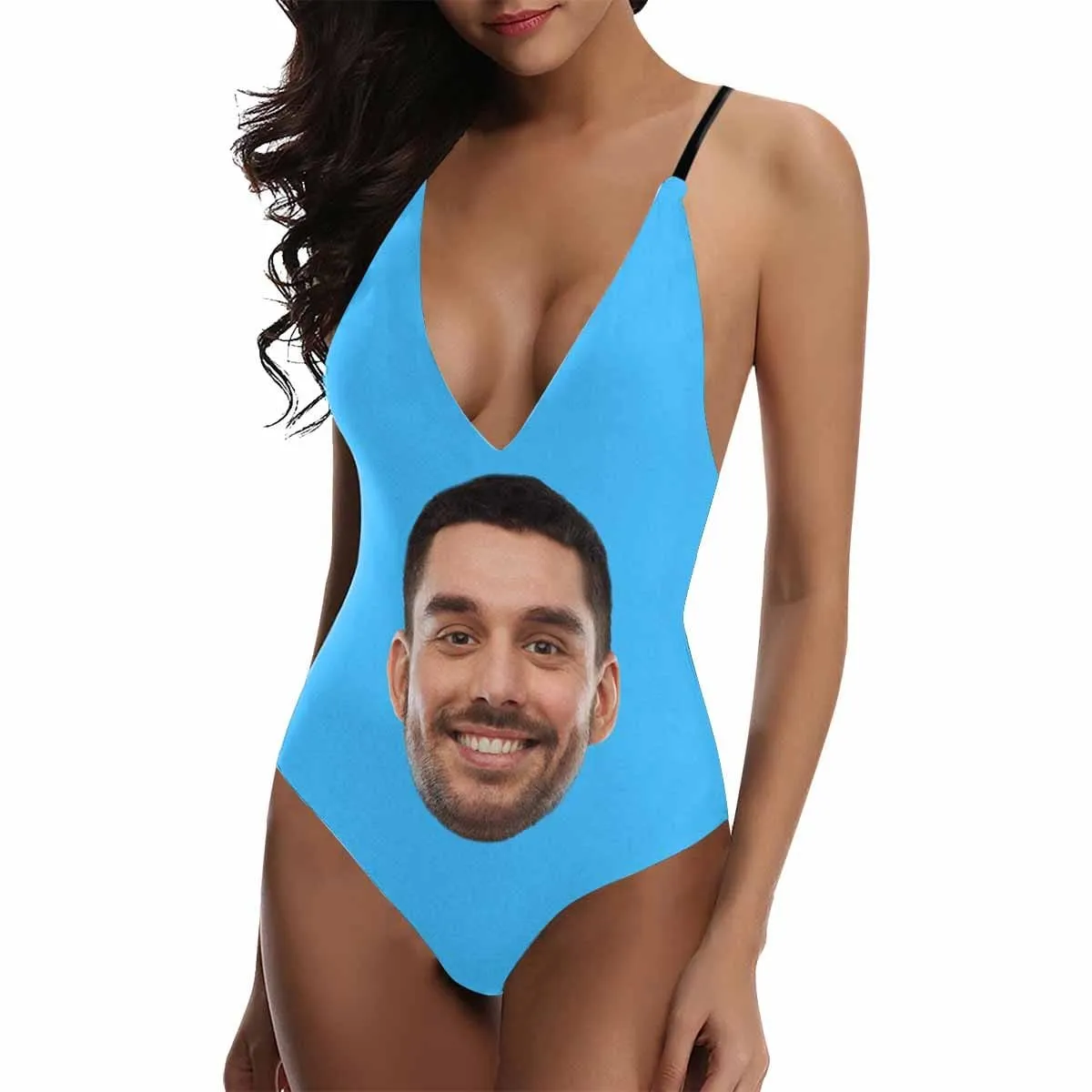 Custom Big Face Multicolor Women's Lacing Backless One Piece Swimsuit