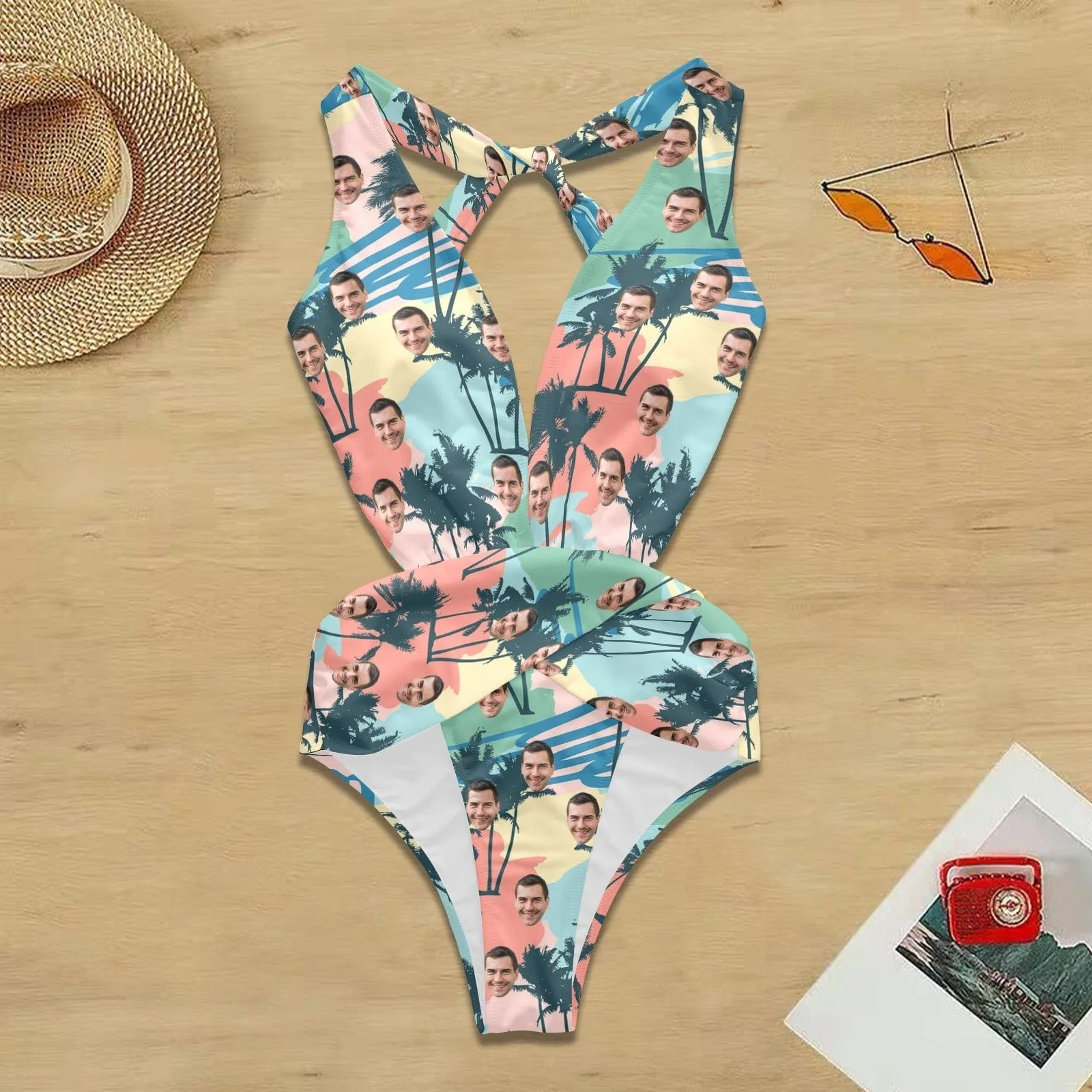 Custom Face Watercolor Women's Deep V-Neck Low Back Crossover One Piece Swimsuit Custom Picture Bathing Suit