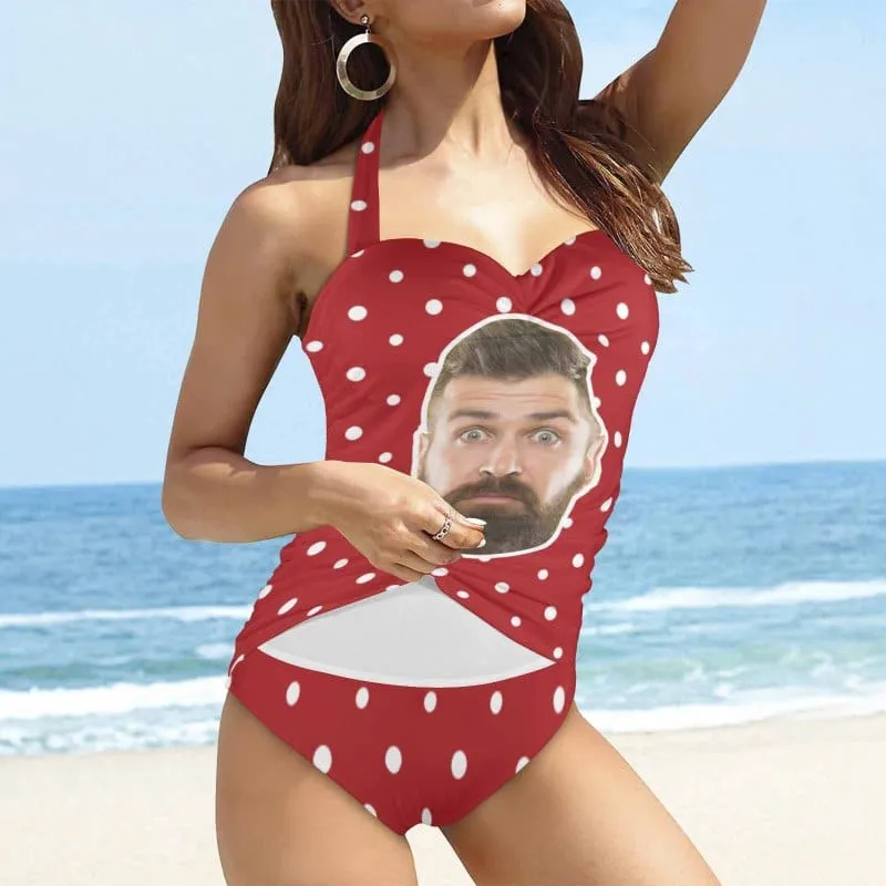 Custom Face White Dots Red Strap Personalized One-piece Retro Bikini Swimsuit Custom One Piece Bathing Suits
