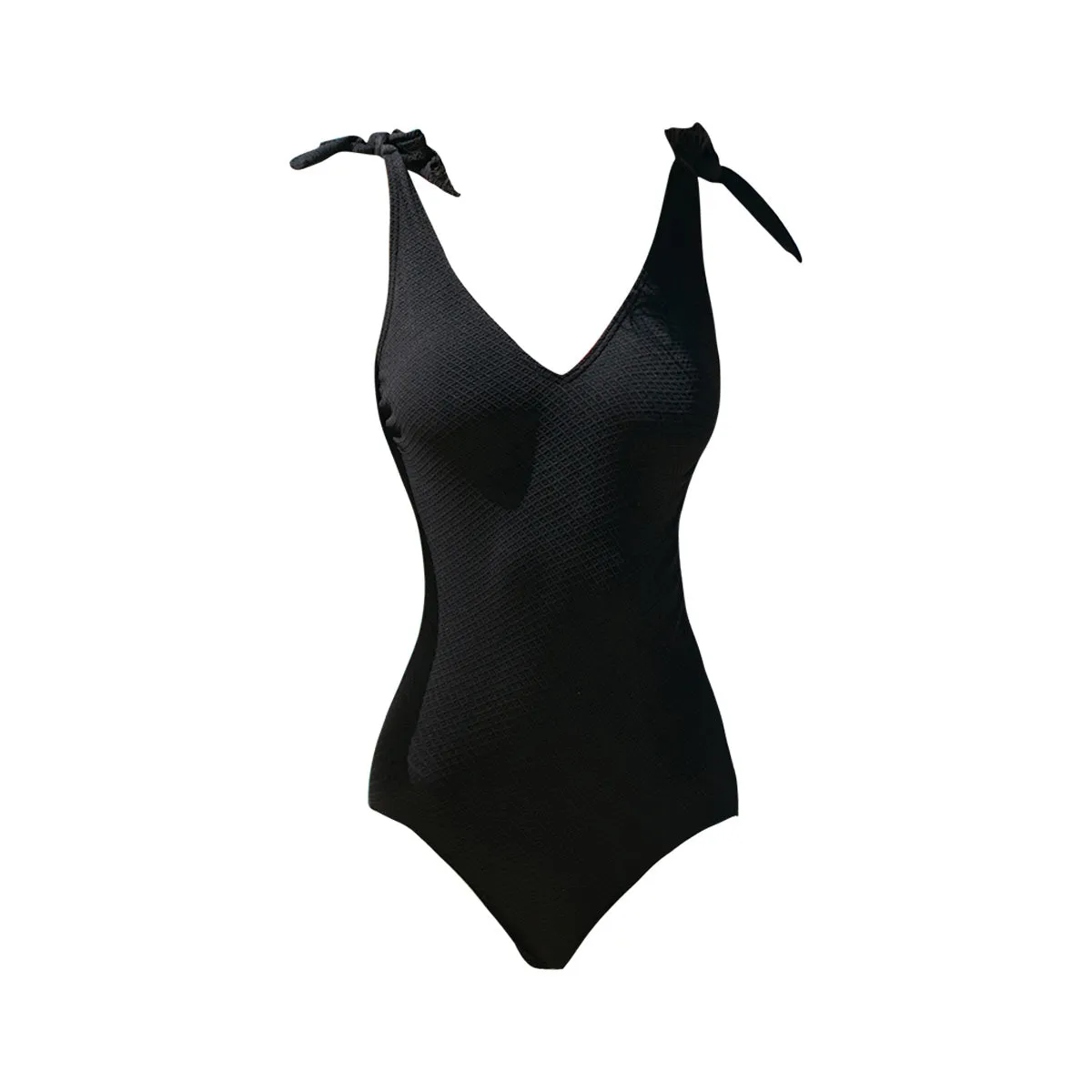Deep V Neck Shoulder Tie Black Swimsuit