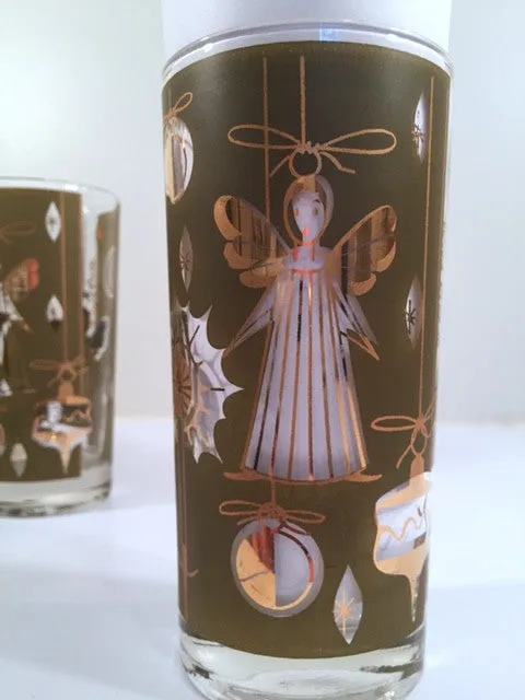 Fred Press - Signed Mid-Century Green & 22-Karat Gold Christmas Angel Glasses (Set of 7)