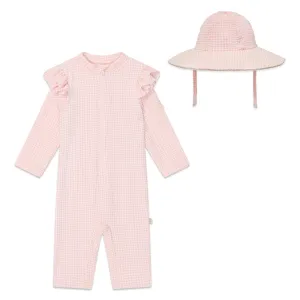 Gingham Seersucker One-Piece Rashguard & Hat