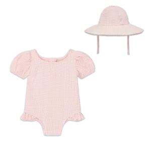 Gingham Seersucker Puff Sleeve Swimsuit & Hat