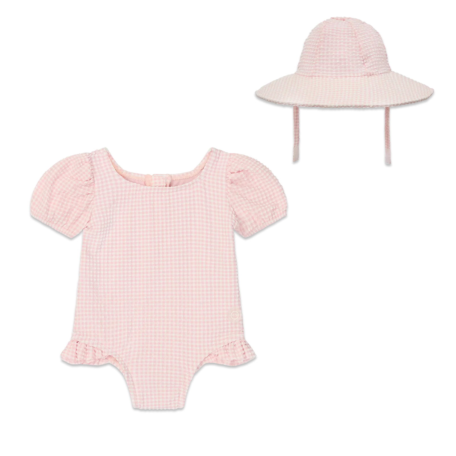 Gingham Seersucker Puff Sleeve Swimsuit & Hat