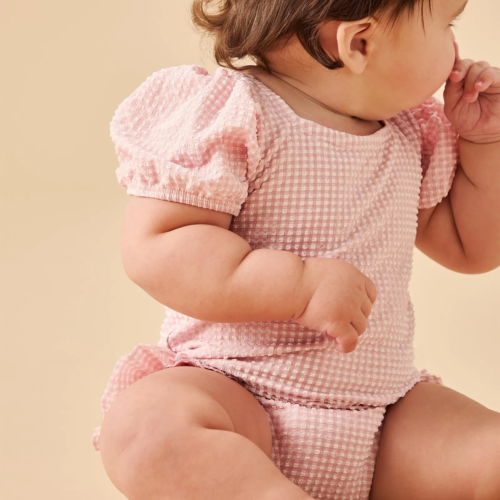 Gingham Seersucker Puff Sleeve Swimsuit