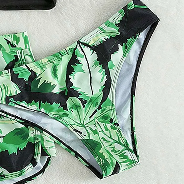 Girls Black and Green Leaf Print Three-piece Swimsuit