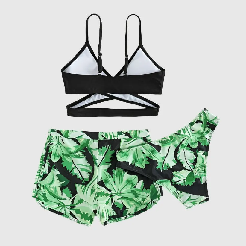 Girls Black and Green Leaf Print Three-piece Swimsuit