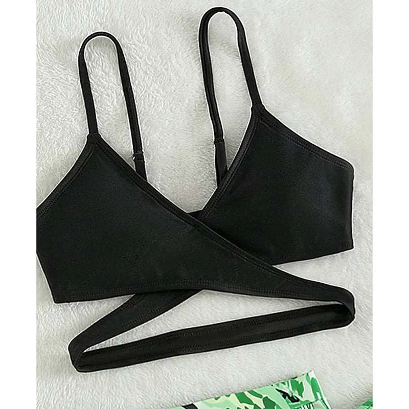 Girls Black and Green Leaf Print Three-piece Swimsuit
