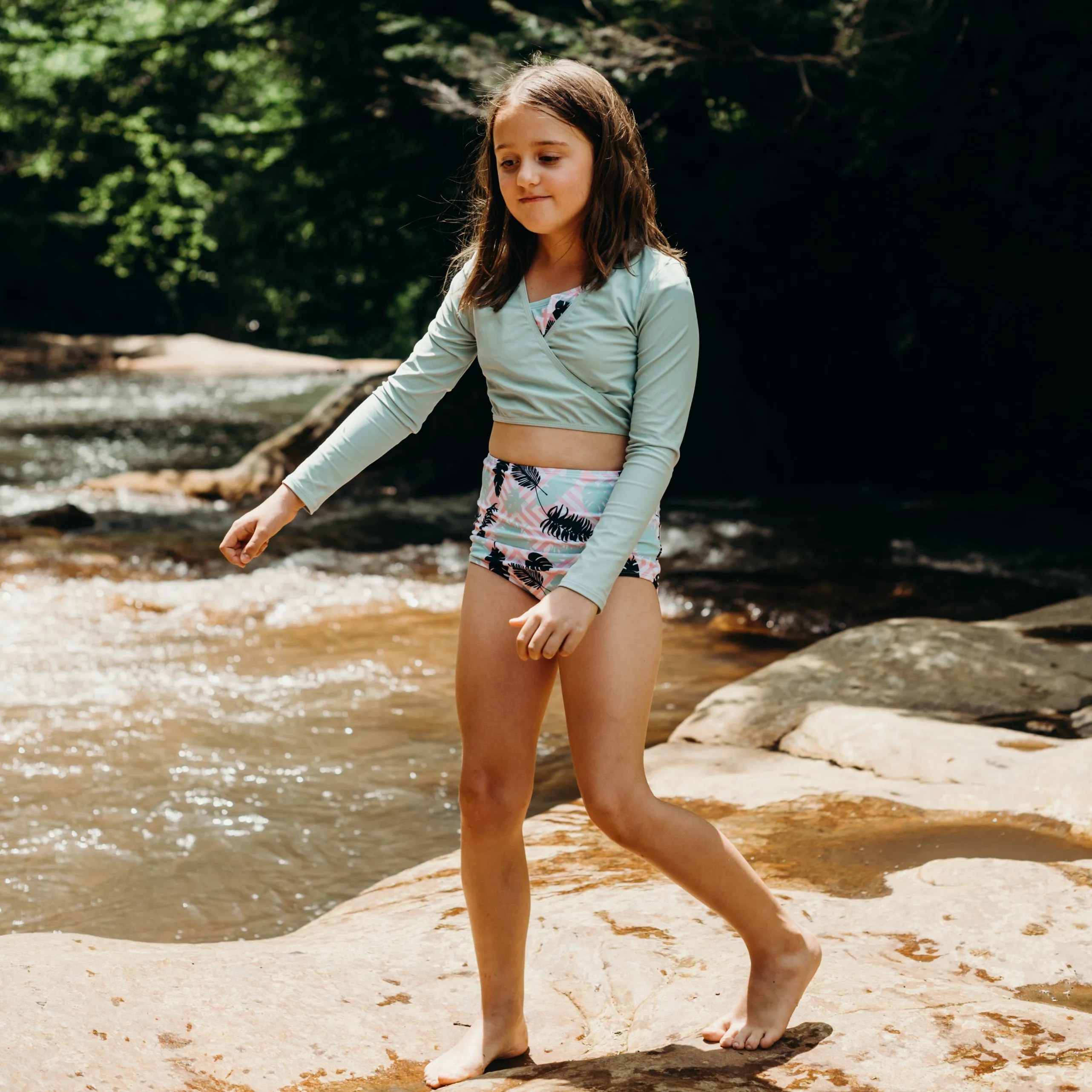 Girls Long Sleeve Swim Wrap Top - "Mint"