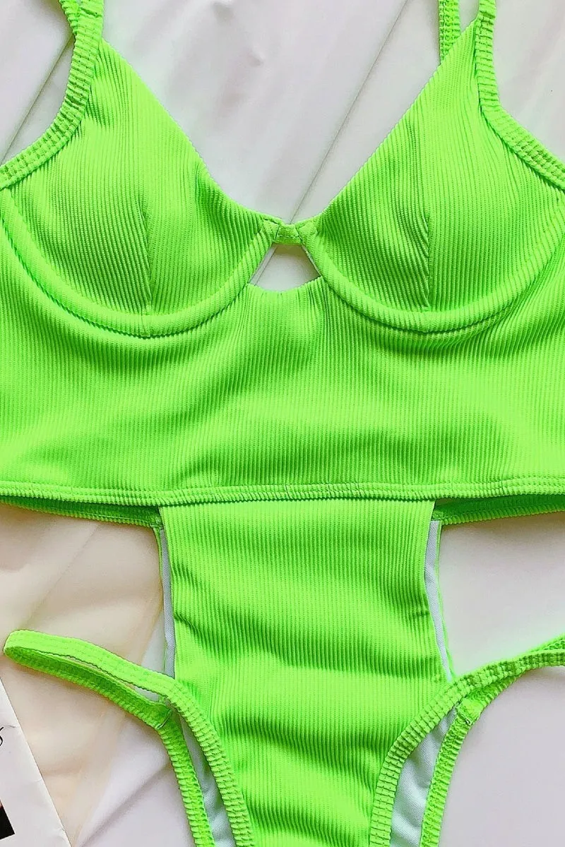 Green Ribbed Underwire One Piece Cut Out Swimsuit