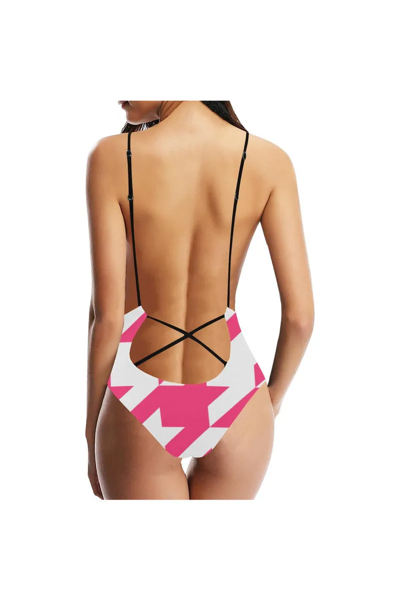 Houndstooth Sexy Lacing Backless One-Piece Swimsuit