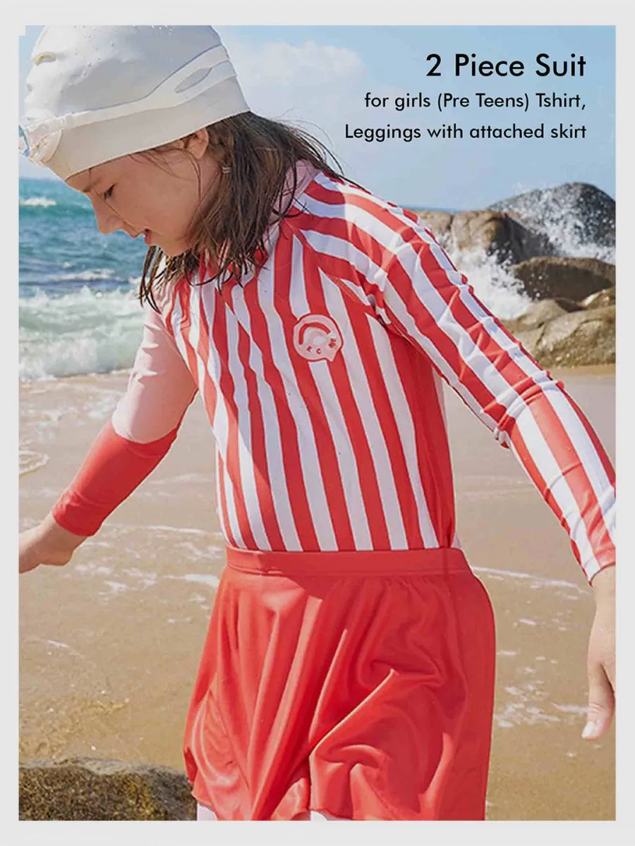 Little Surprise Box Coral Stripes 2pcs Full Length Swimsuit for Girls with UPF 50 