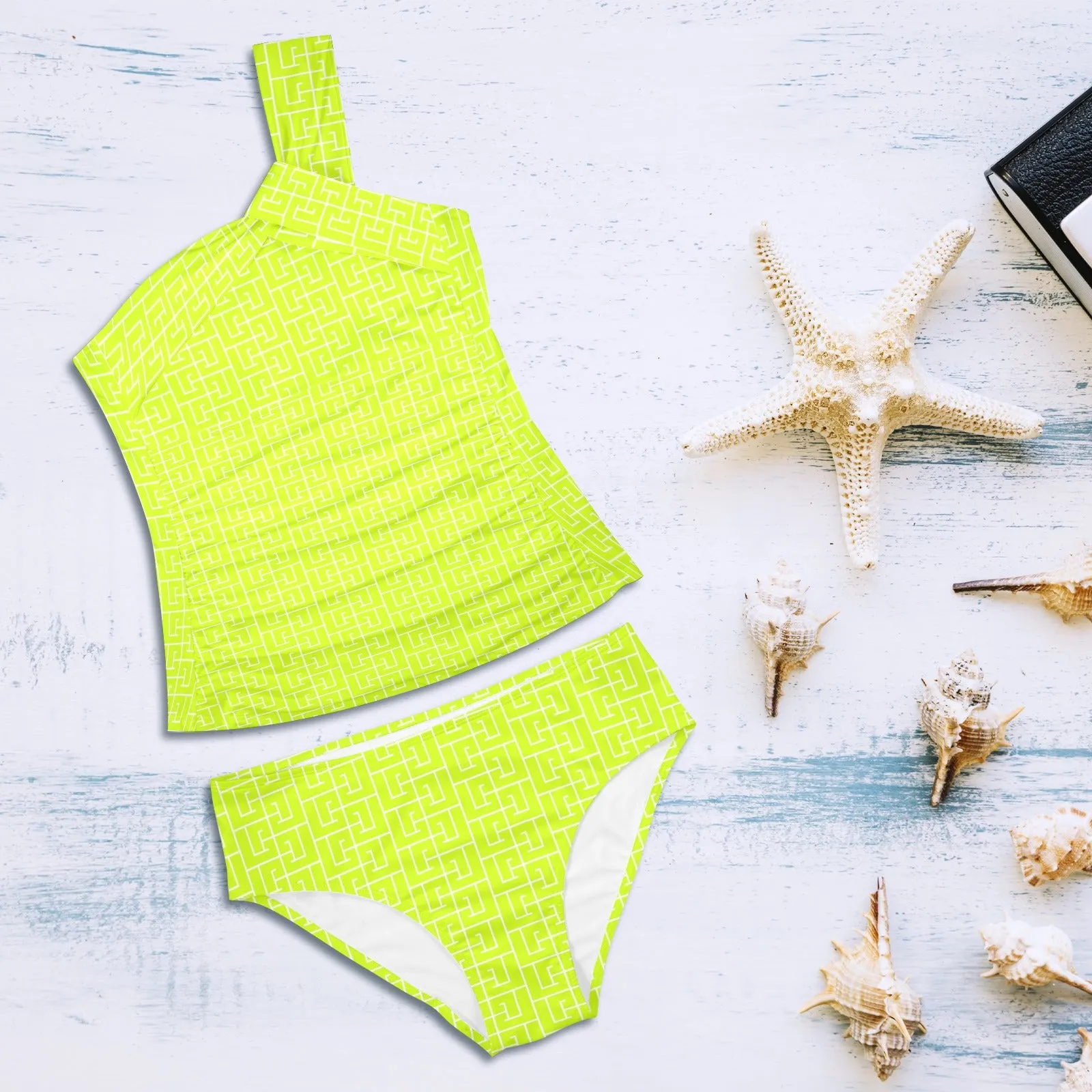 neon green greek key print Women's One Shoulder Backless Swimsuit (Model S44)