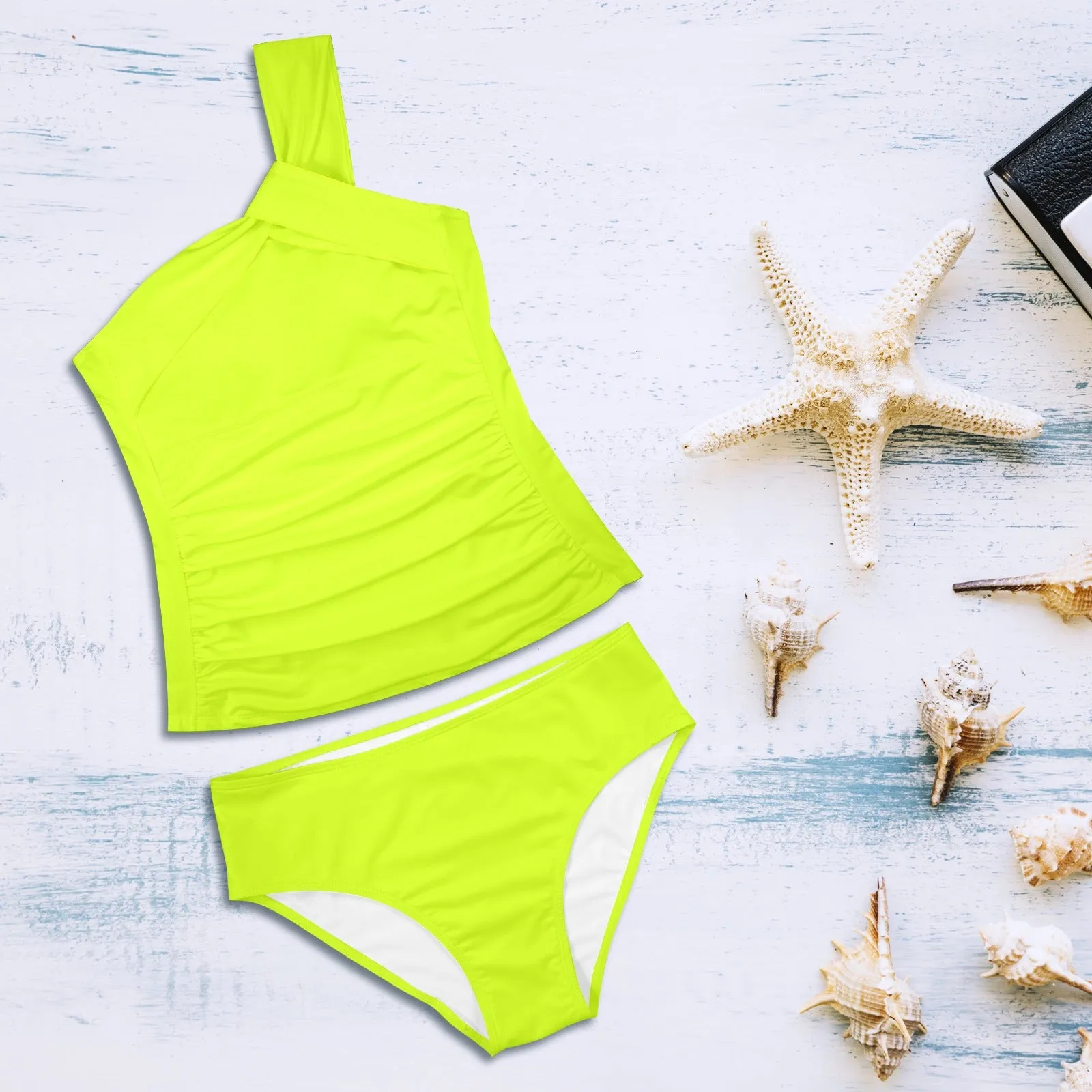 neon green print 2 Women's One Shoulder Backless Swimsuit (Model S44)