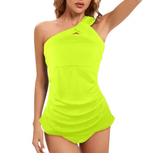 neon green print 2 Women's One Shoulder Backless Swimsuit (Model S44)