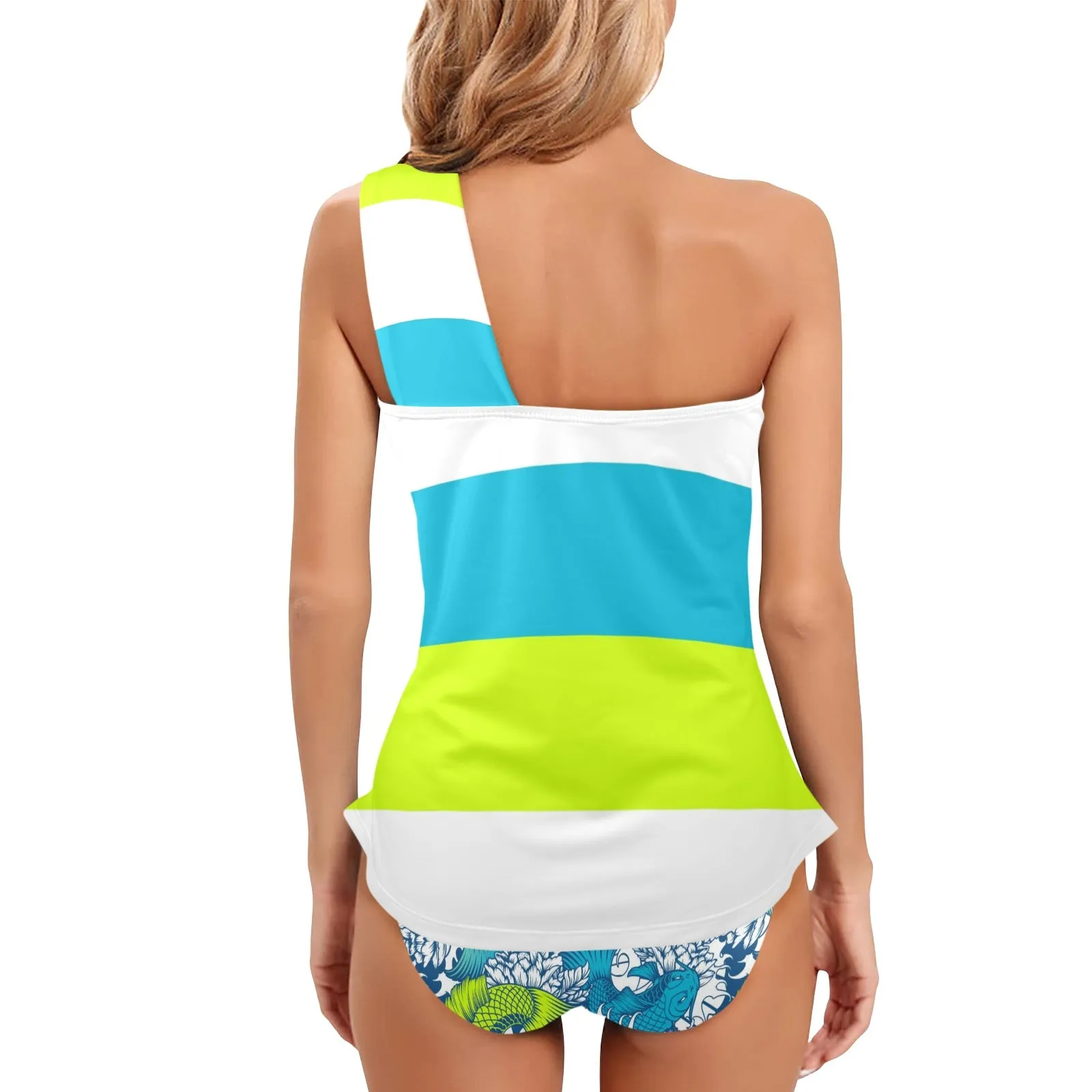 pisces neon green blue ombre print Women's One Shoulder Backless Swimsuit (Model S44)