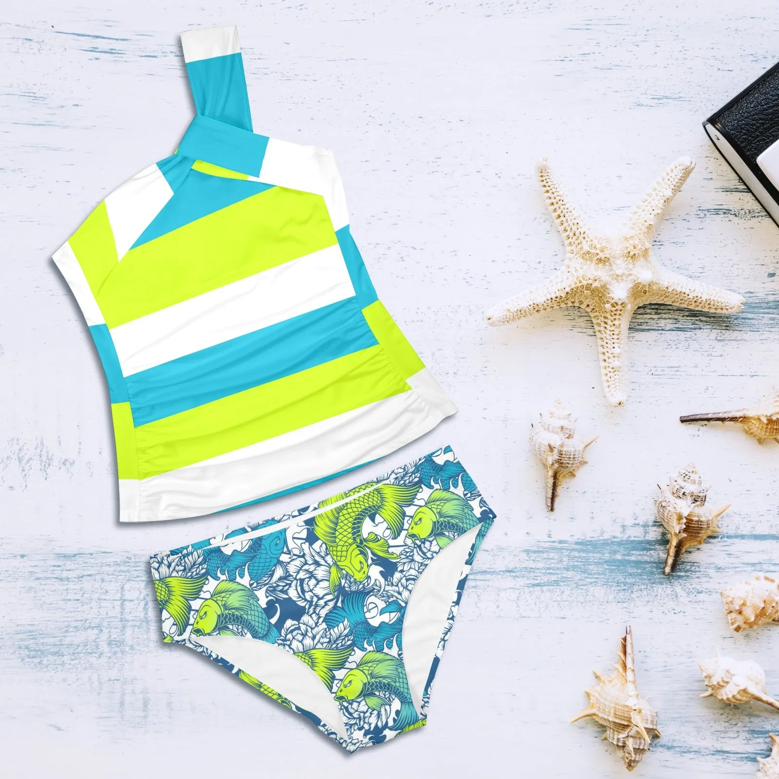 pisces neon green blue ombre print Women's One Shoulder Backless Swimsuit (Model S44)