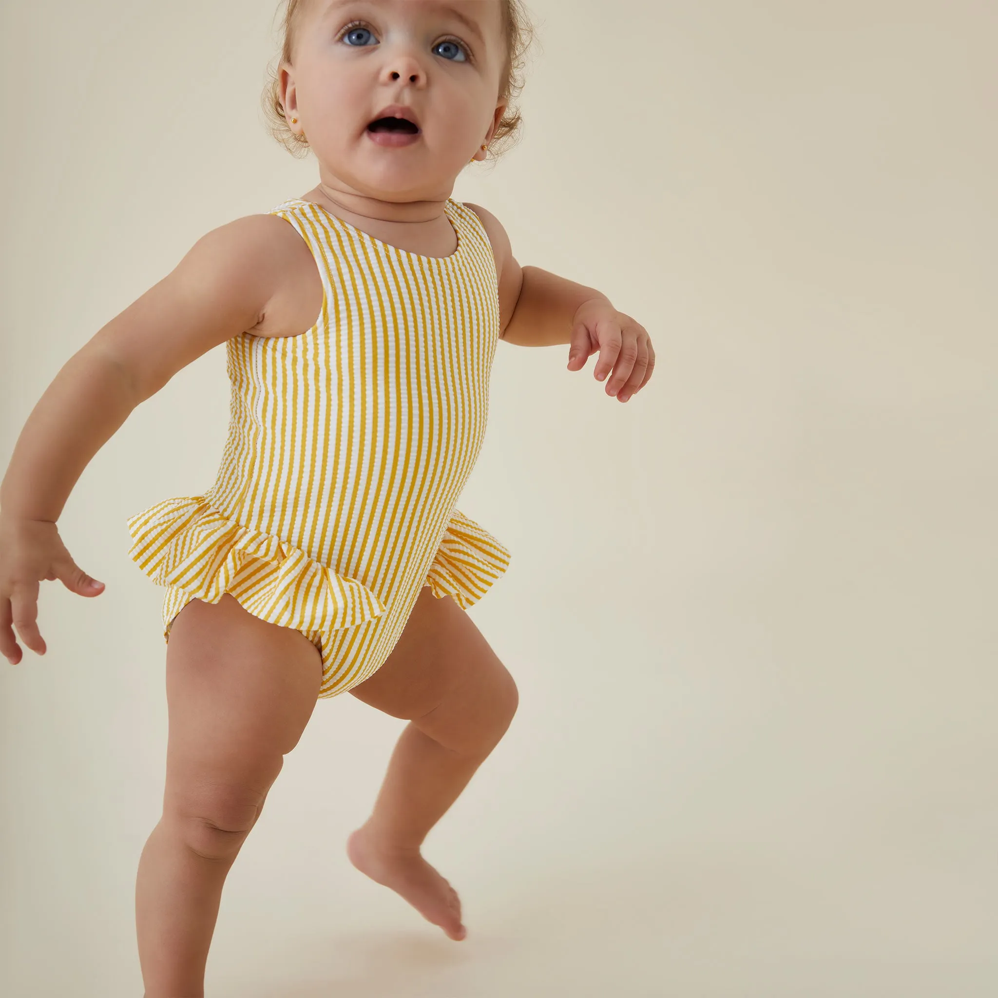 Seersucker Mustard Stripe Frill Swimsuit