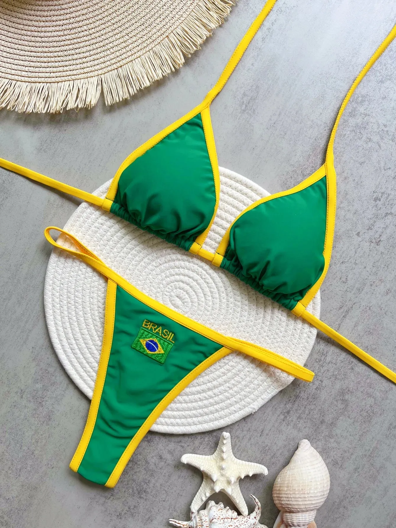 Sexy Embroidered Brazil Flag Contrast Split Bikini Set