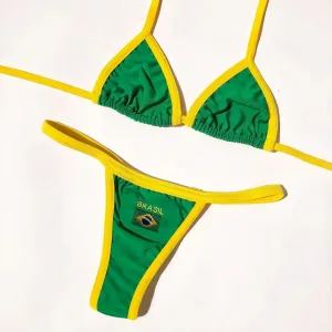 Sexy Embroidered Brazil Flag Contrast Split Bikini Set