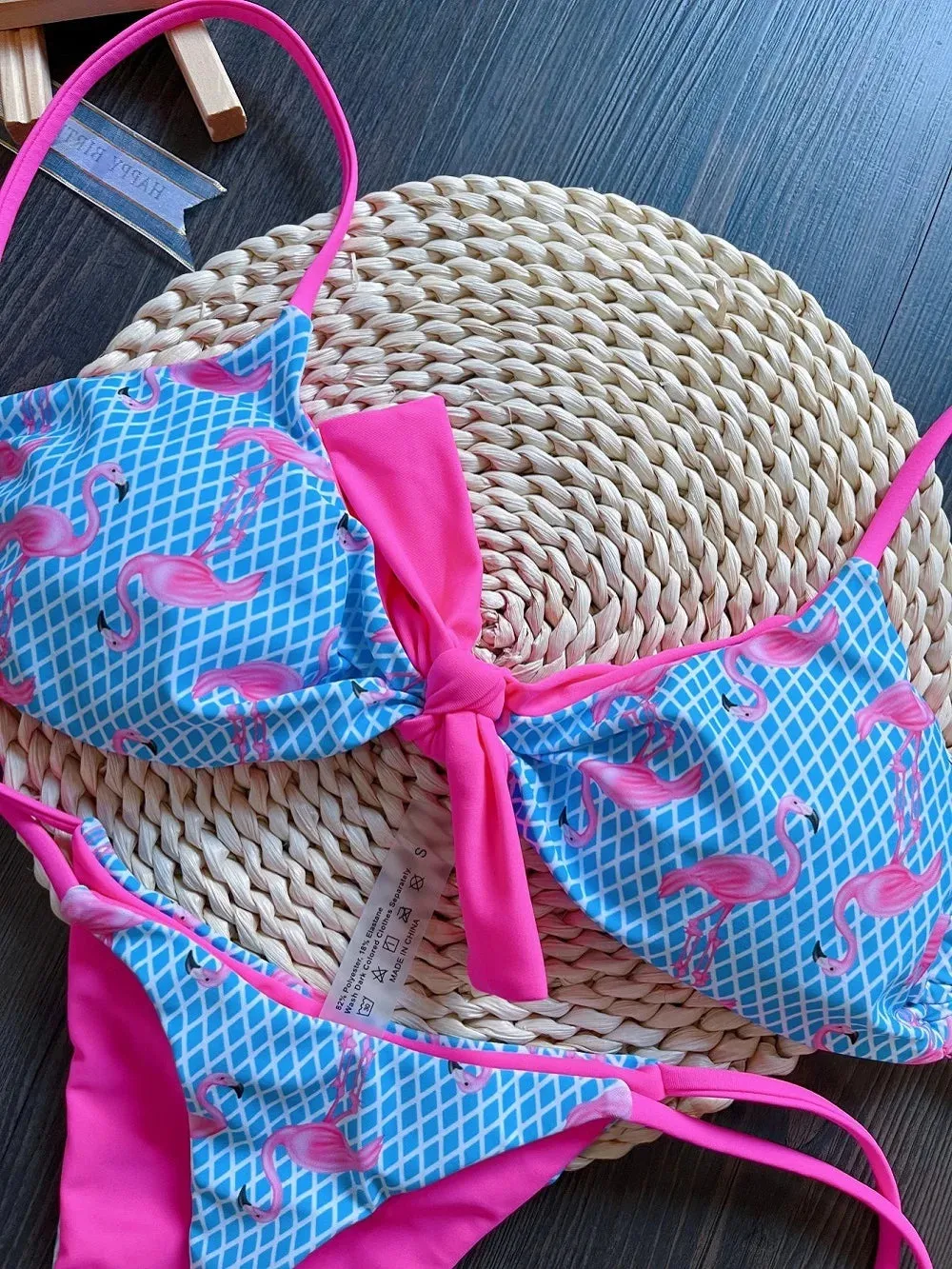 Sexy Grid Flamingo Print Two-Piece Bikini Set