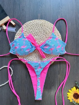 Sexy Grid Flamingo Print Two-Piece Bikini Set