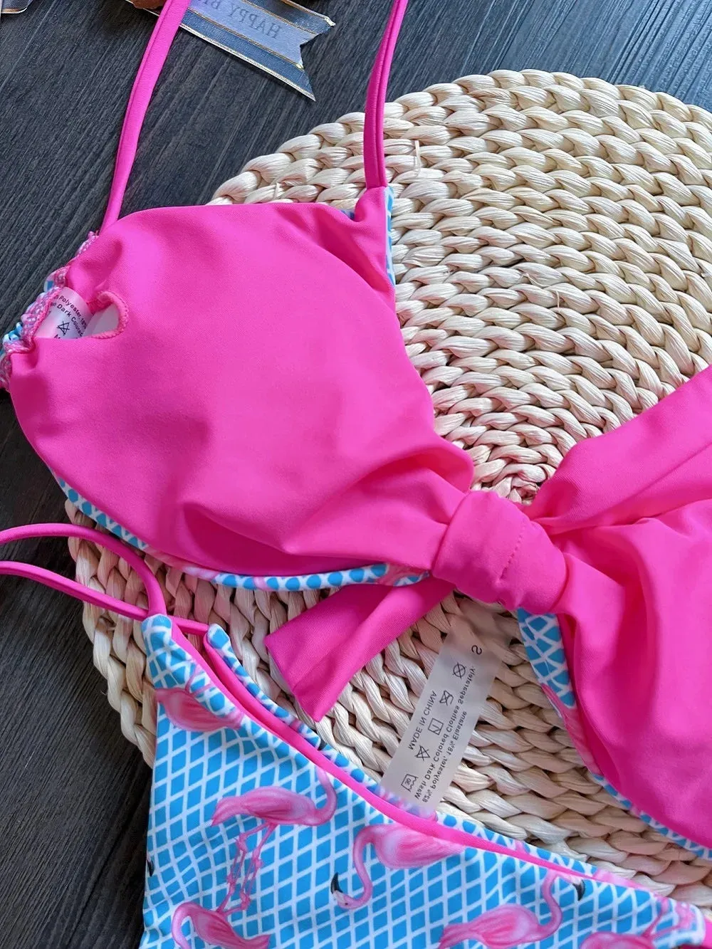Sexy Grid Flamingo Print Two-Piece Bikini Set