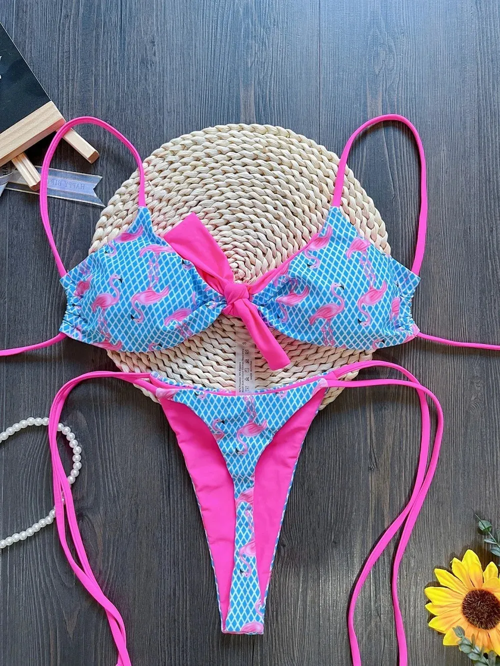 Sexy Grid Flamingo Print Two-Piece Bikini Set
