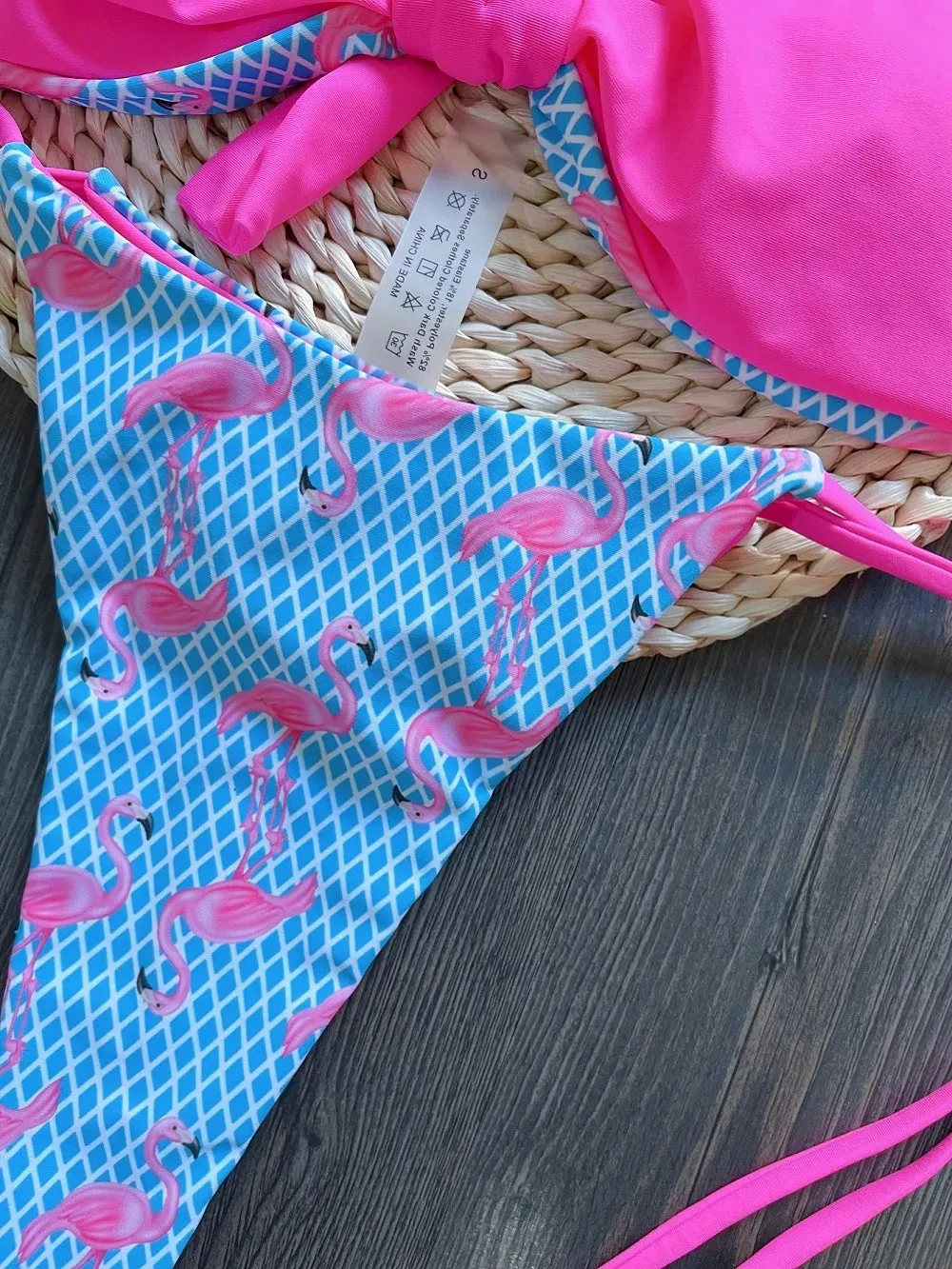 Sexy Grid Flamingo Print Two-Piece Bikini Set