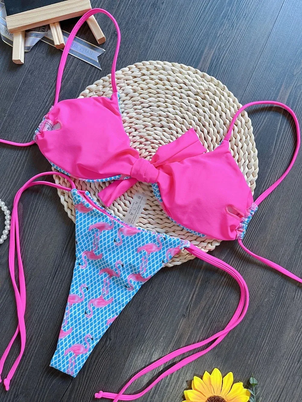 Sexy Grid Flamingo Print Two-Piece Bikini Set