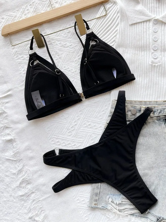 Trendy Black Hollow out Bikini Swimsuit