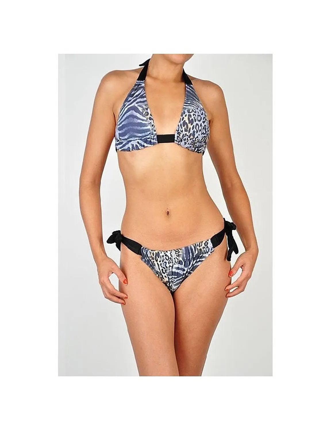 Women's Grey Animal Leopard Print Contrast Adjustable String Bikini