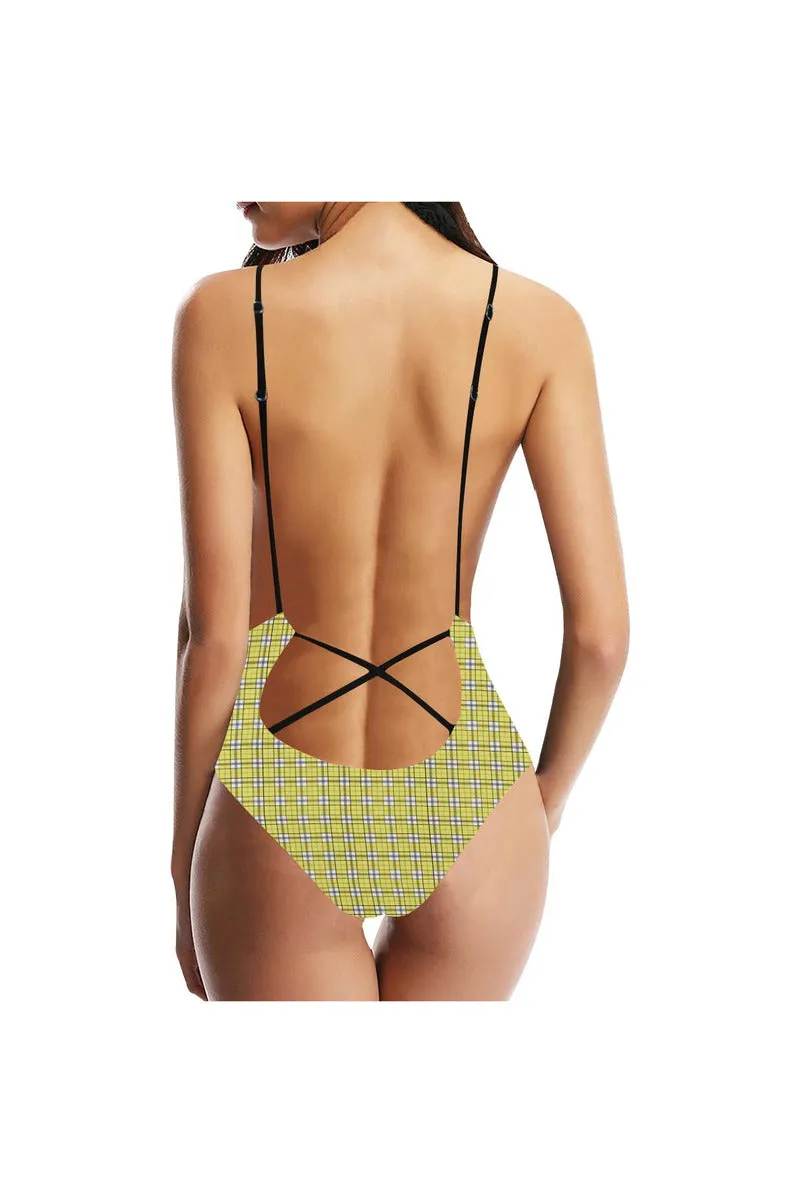 Yellow Plaid Sexy Lacing Backless One-Piece Swimsuit (Model S10)